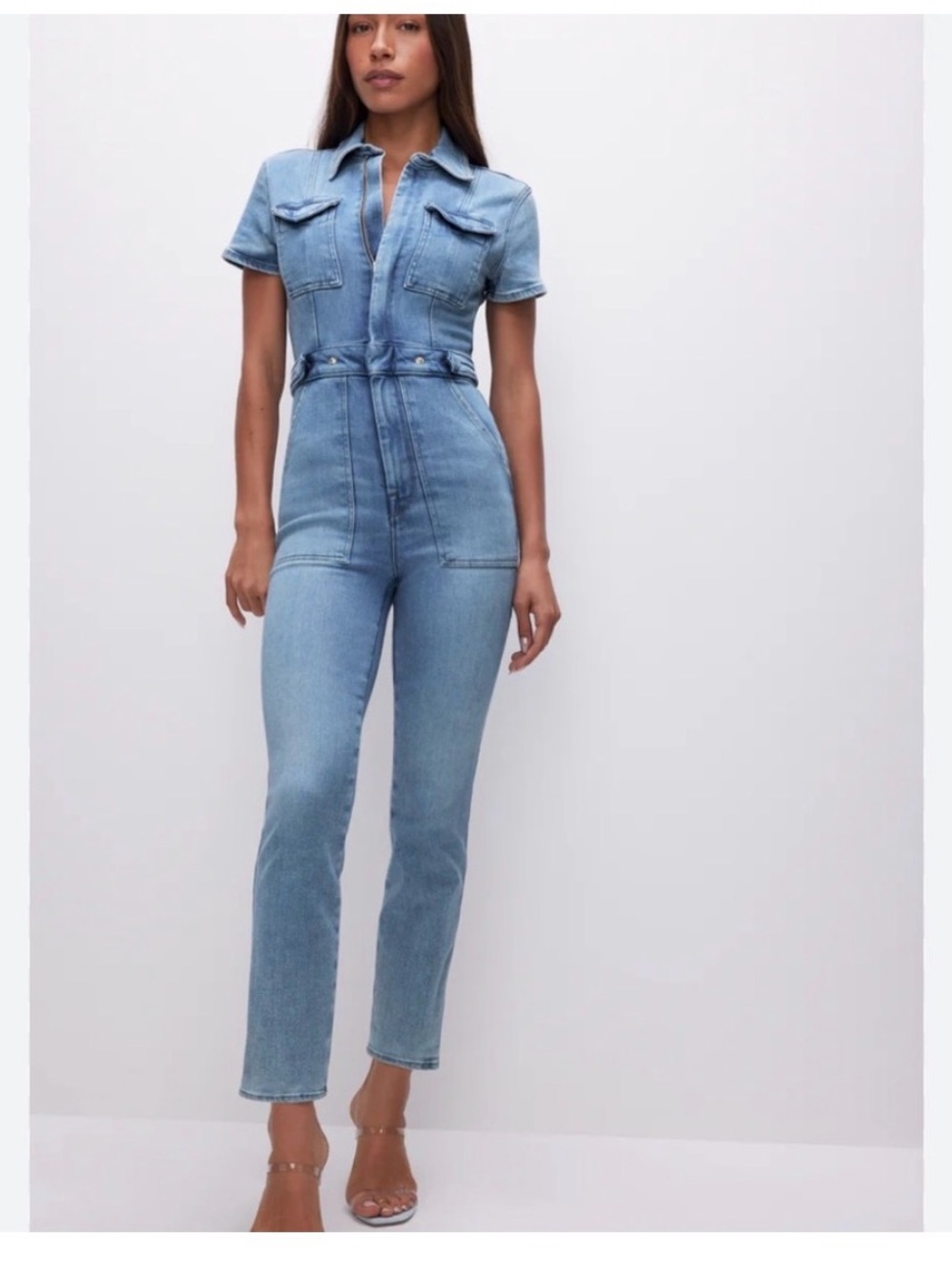 Good American Light Blue Denim Short-Sleeve Jumpsuit Medium